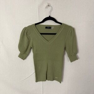 Tahari Womens Ribbed V-Neck Puff Sleeve Knit Sweater Olive Green Size Small SP